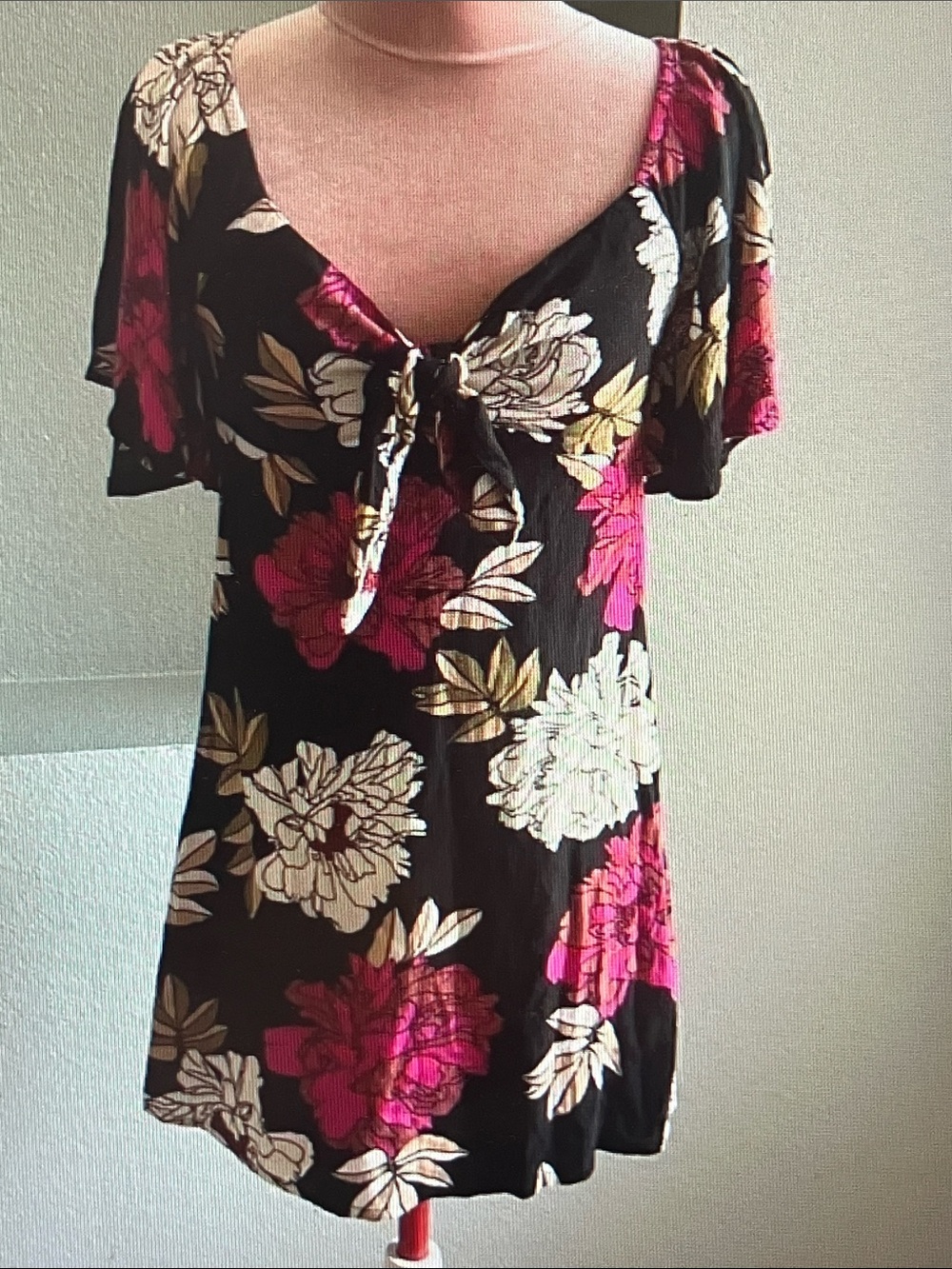 Billabong Black Floral Mini Dress with Pink and Cream Blooms